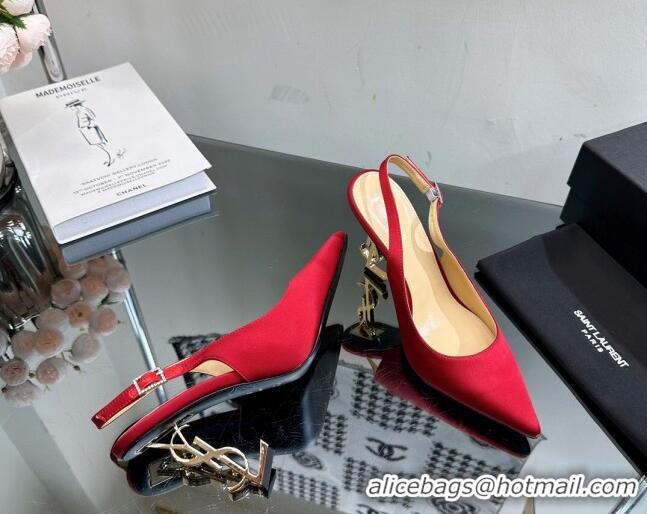 Top Design Saint Laurent Opyum Slingback Pumps 10.5cm in Satin with Crystal Buckle Red 108082