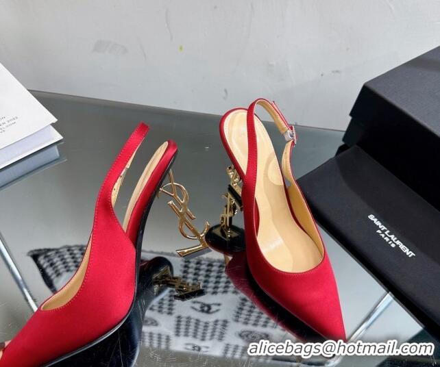 Top Design Saint Laurent Opyum Slingback Pumps 10.5cm in Satin with Crystal Buckle Red 108082