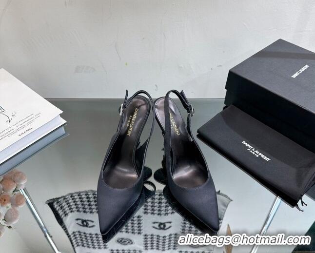 Lowest Cost Saint Laurent Opyum Slingback Pumps 10.5cm in Satin with Crystal Buckle Black 108083