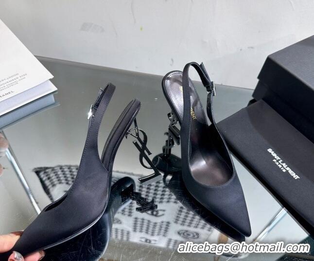 Lowest Cost Saint Laurent Opyum Slingback Pumps 10.5cm in Satin with Crystal Buckle Black 108083