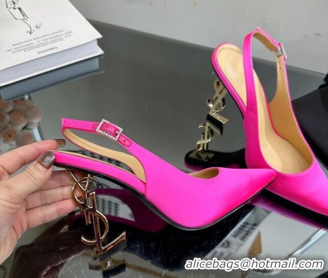 Big Discount Saint Laurent Opyum Slingback Pumps 10.5cm in Satin with Crystal Buckle Neon Pink 108084