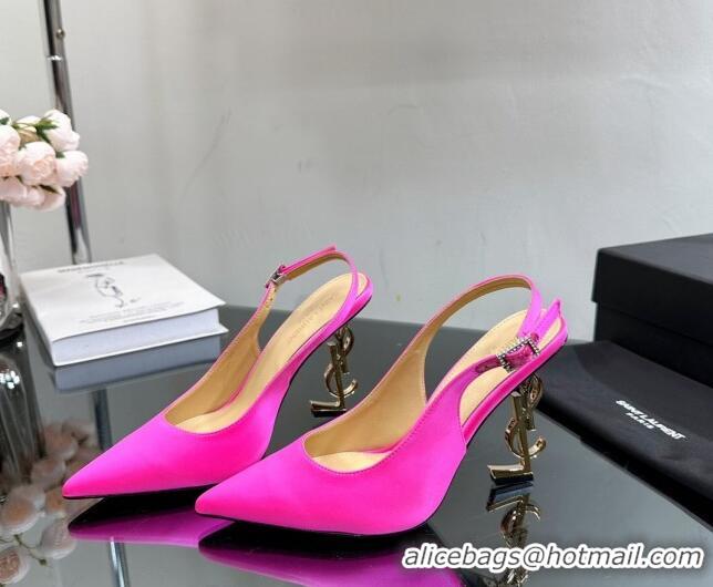 Big Discount Saint Laurent Opyum Slingback Pumps 10.5cm in Satin with Crystal Buckle Neon Pink 108084