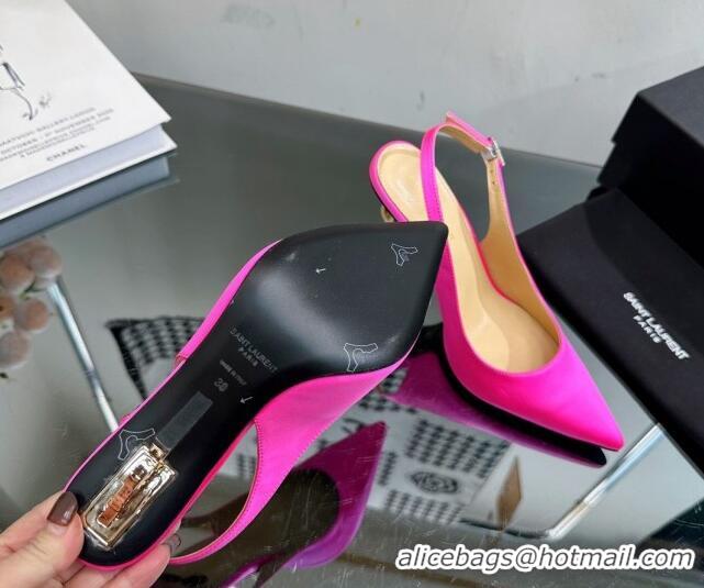 Big Discount Saint Laurent Opyum Slingback Pumps 10.5cm in Satin with Crystal Buckle Neon Pink 108084