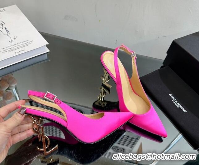 Big Discount Saint Laurent Opyum Slingback Pumps 10.5cm in Satin with Crystal Buckle Neon Pink 108084