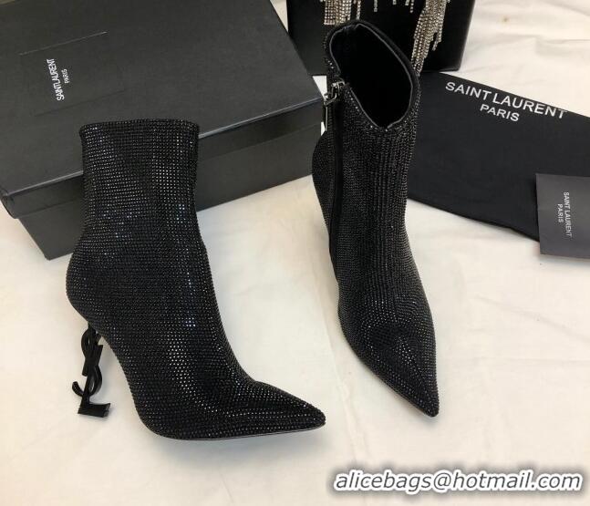 Sophisticated Saint Laurent Opyum Heel Ankle Boots 10.5cm in Crystals Allover All Black 108085