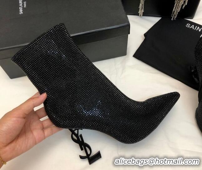 Sophisticated Saint Laurent Opyum Heel Ankle Boots 10.5cm in Crystals Allover All Black 108085