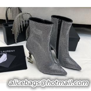 Sumptuous Saint Laurent Opyum Heel Ankle Boots 10.5cm in Crystals Allover Silver 108086