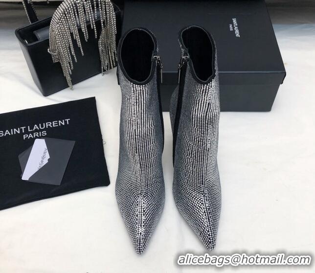 Sumptuous Saint Laurent Opyum Heel Ankle Boots 10.5cm in Crystals Allover Silver 108086