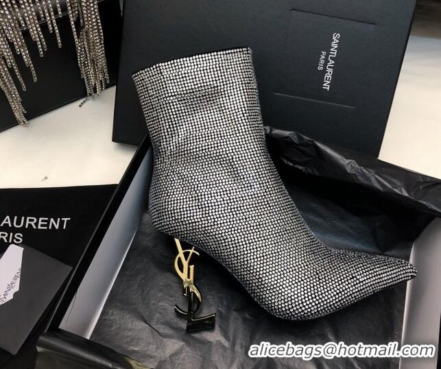 Sumptuous Saint Laurent Opyum Heel Ankle Boots 10.5cm in Crystals Allover Silver 108086