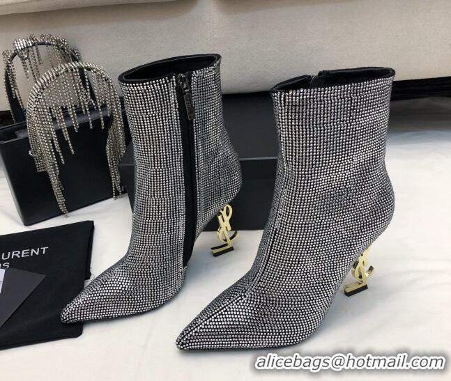 Sumptuous Saint Laurent Opyum Heel Ankle Boots 10.5cm in Crystals Allover Silver 108086