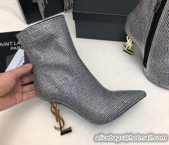 Sumptuous Saint Laurent Opyum Heel Ankle Boots 10.5cm in Crystals Allover Silver 108086