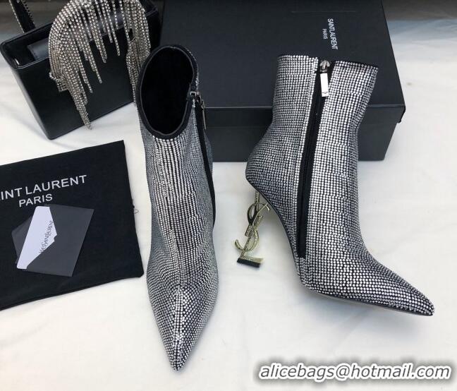 Sumptuous Saint Laurent Opyum Heel Ankle Boots 10.5cm in Crystals Allover Silver 108086