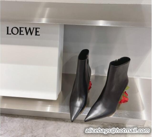 Perfect Loewe Leather Ankle Boots with Rose Bloom Heel 9cm Black/Red 926089