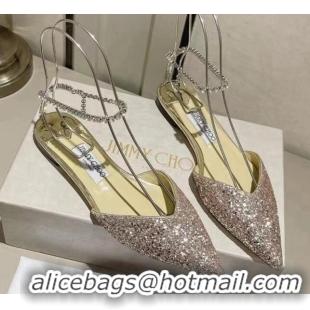 Buy Luxury Jimmy Choo Saeda Flat Shoes with Crystal Ankle Strap in Glitters Champagne Gold 218088