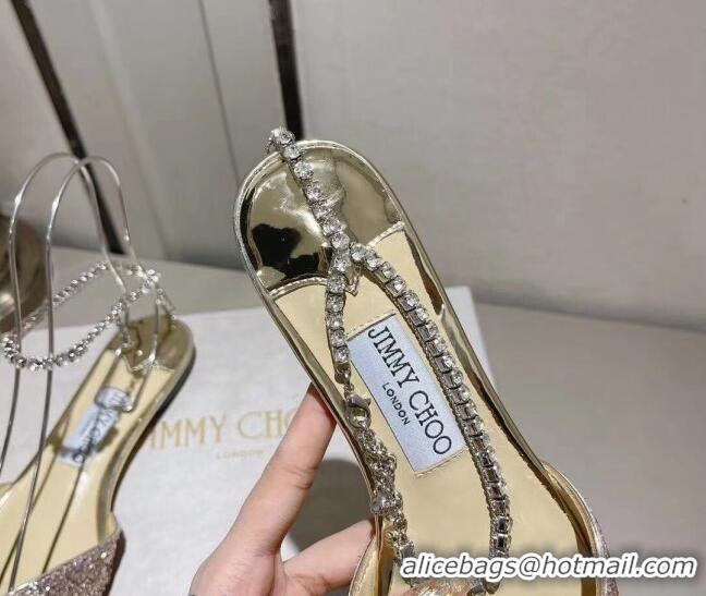 Buy Luxury Jimmy Choo Saeda Flat Shoes with Crystal Ankle Strap in Glitters Champagne Gold 218088