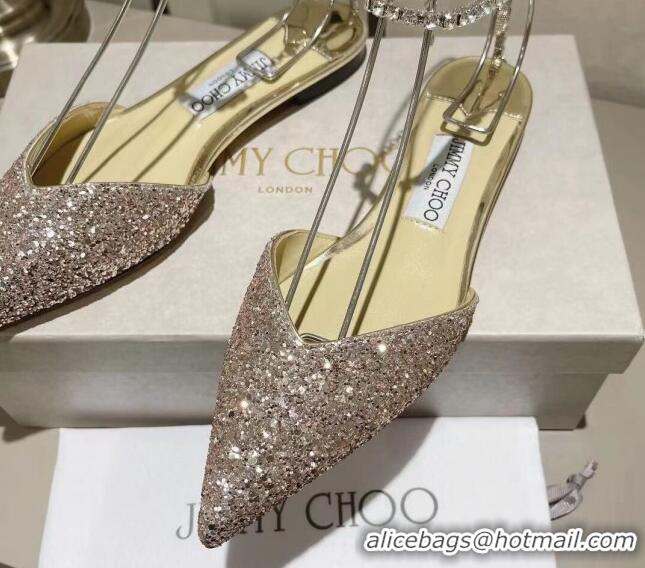 Buy Luxury Jimmy Choo Saeda Flat Shoes with Crystal Ankle Strap in Glitters Champagne Gold 218088