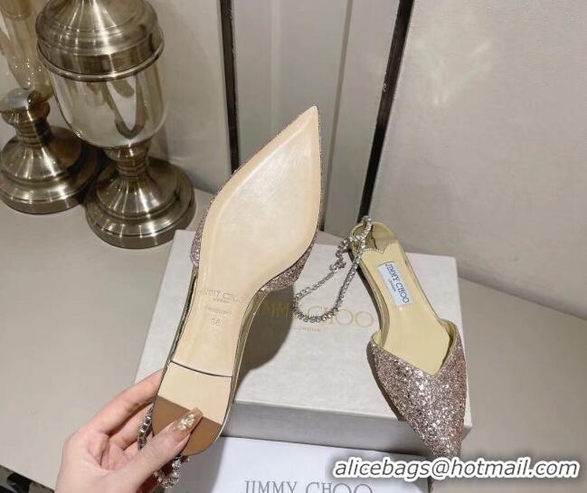 Buy Luxury Jimmy Choo Saeda Flat Shoes with Crystal Ankle Strap in Glitters Champagne Gold 218088