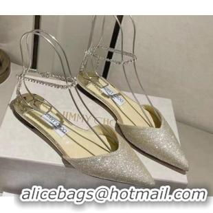 Good Quality Jimmy Choo Saeda Flat Shoes with Crystal Ankle Strap in Glitters Crown Gold 218090