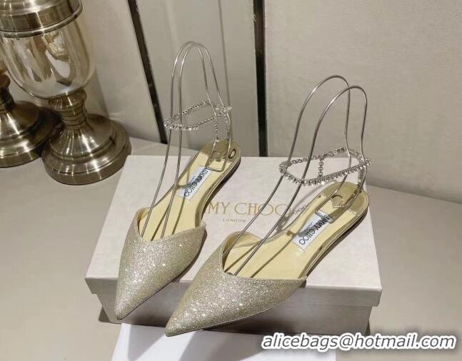 Good Quality Jimmy Choo Saeda Flat Shoes with Crystal Ankle Strap in Glitters Crown Gold 218090