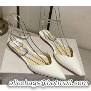 Original Cheap Jimmy Choo Saeda Flat Shoes with Crystal Ankle Strap in Patent Leather White 218091