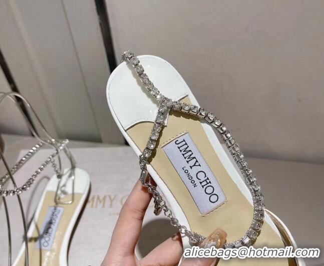 Original Cheap Jimmy Choo Saeda Flat Shoes with Crystal Ankle Strap in Patent Leather White 218091