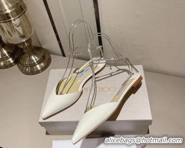 Original Cheap Jimmy Choo Saeda Flat Shoes with Crystal Ankle Strap in Patent Leather White 218091