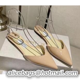 Sophisticated Jimmy Choo Saeda Flat Shoes with Crystal Ankle Strap in Patent Leather Nude 218092