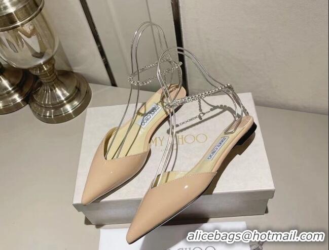 Sophisticated Jimmy Choo Saeda Flat Shoes with Crystal Ankle Strap in Patent Leather Nude 218092