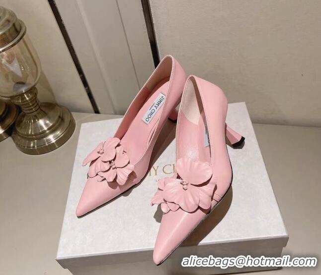 Perfect Jimmy Choo Amita Flowers Mid Heel Pumps 6.5cm in Nappa Leather Light Pink 109014