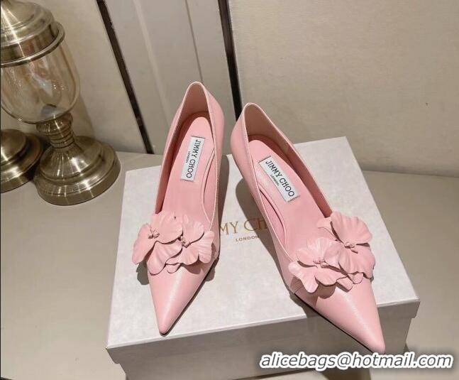 Perfect Jimmy Choo Amita Flowers Mid Heel Pumps 6.5cm in Nappa Leather Light Pink 109014