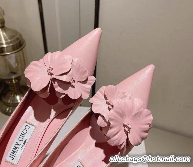 Perfect Jimmy Choo Amita Flowers Mid Heel Pumps 6.5cm in Nappa Leather Light Pink 109014