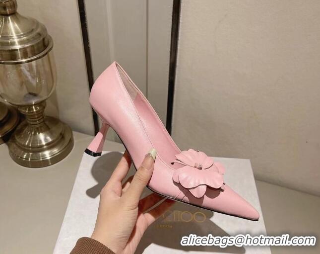 Perfect Jimmy Choo Amita Flowers Mid Heel Pumps 6.5cm in Nappa Leather Light Pink 109014