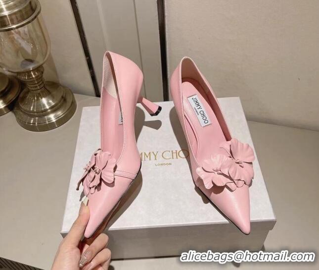 Perfect Jimmy Choo Amita Flowers Mid Heel Pumps 6.5cm in Nappa Leather Light Pink 109014