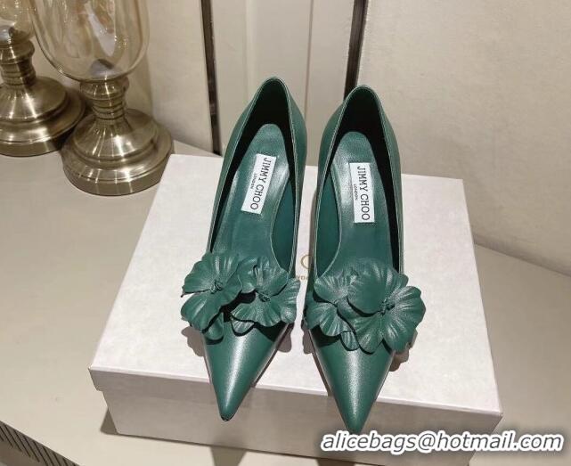 Duplicate Jimmy Choo Amita Flowers Mid Heel Pumps 6.5cm in Nappa Leather Green 109015