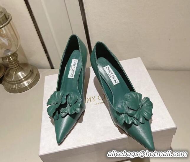 Duplicate Jimmy Choo Amita Flowers Mid Heel Pumps 6.5cm in Nappa Leather Green 109015