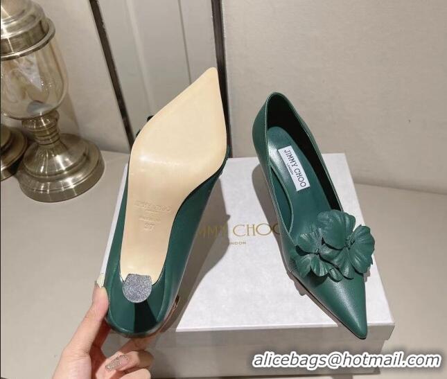 Duplicate Jimmy Choo Amita Flowers Mid Heel Pumps 6.5cm in Nappa Leather Green 109015