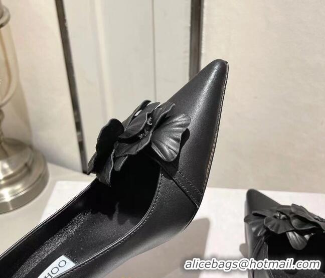 Pretty Style Jimmy Choo Amita Flowers Mid Heel Pumps 6.5cm in Nappa Leather Black 109016