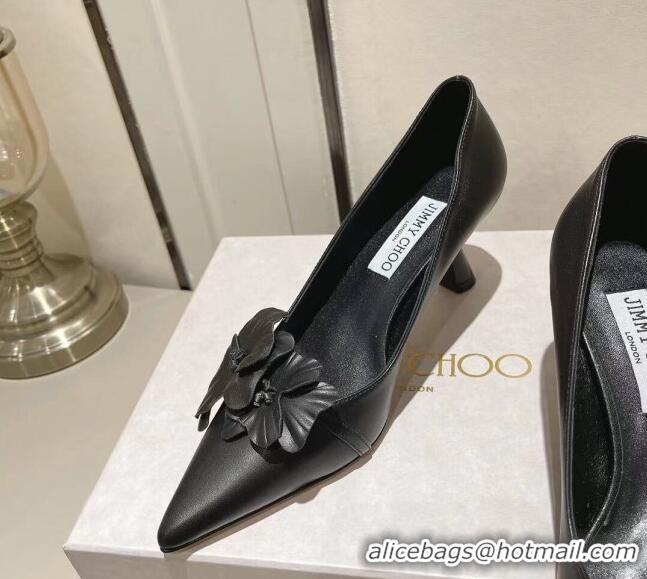 Pretty Style Jimmy Choo Amita Flowers Mid Heel Pumps 6.5cm in Nappa Leather Black 109016