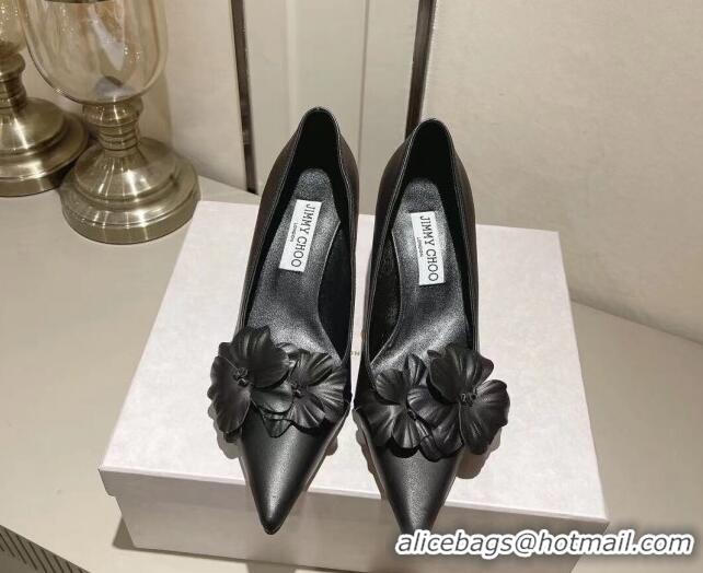 Pretty Style Jimmy Choo Amita Flowers Mid Heel Pumps 6.5cm in Nappa Leather Black 109016