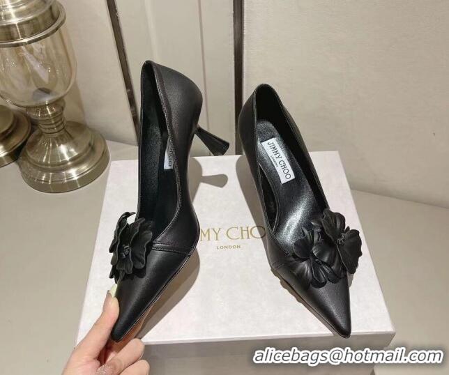 Pretty Style Jimmy Choo Amita Flowers Mid Heel Pumps 6.5cm in Nappa Leather Black 109016