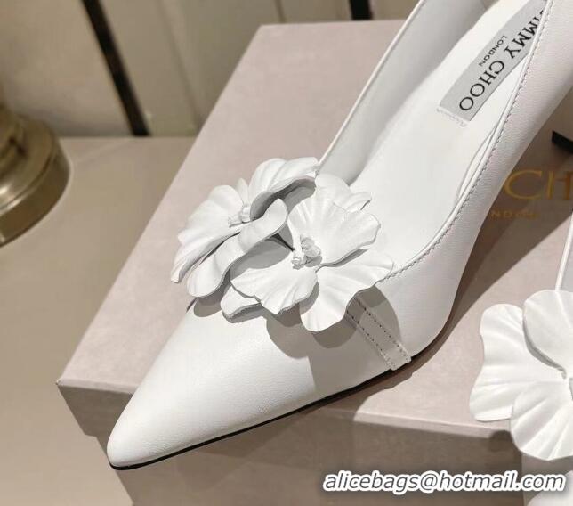 Top Grade Jimmy Choo Amita Flowers Mid Heel Pumps 6.5cm in Nappa Leather White 109017