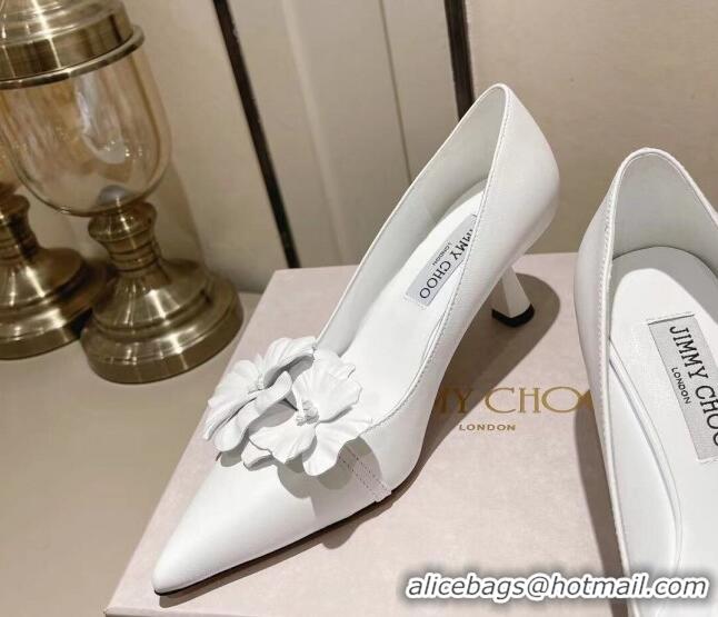 Top Grade Jimmy Choo Amita Flowers Mid Heel Pumps 6.5cm in Nappa Leather White 109017