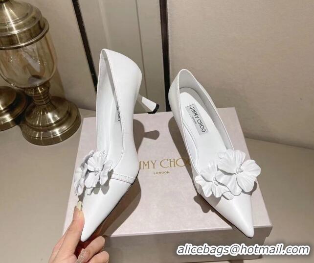 Top Grade Jimmy Choo Amita Flowers Mid Heel Pumps 6.5cm in Nappa Leather White 109017