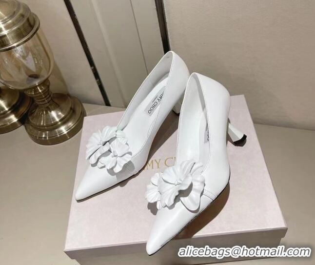 Top Grade Jimmy Choo Amita Flowers Mid Heel Pumps 6.5cm in Nappa Leather White 109017