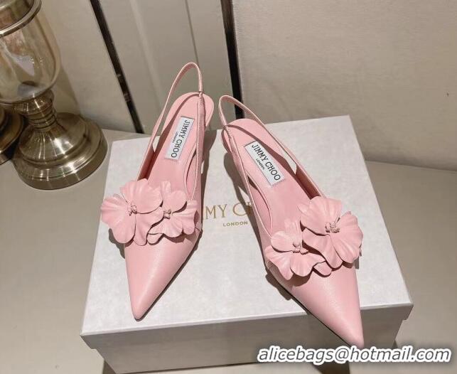 Best Grade Jimmy Choo Amita Flowers Slingback Pumps 4.5cm in Nappa Leather Light Pink 109018