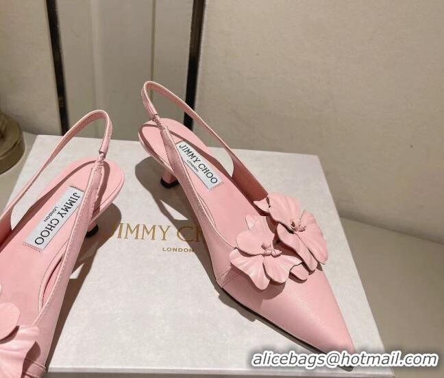 Best Grade Jimmy Choo Amita Flowers Slingback Pumps 4.5cm in Nappa Leather Light Pink 109018