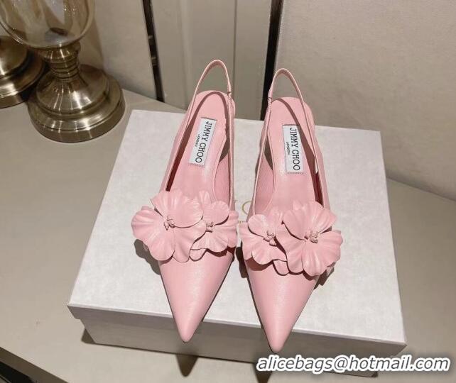 Best Grade Jimmy Choo Amita Flowers Slingback Pumps 4.5cm in Nappa Leather Light Pink 109018