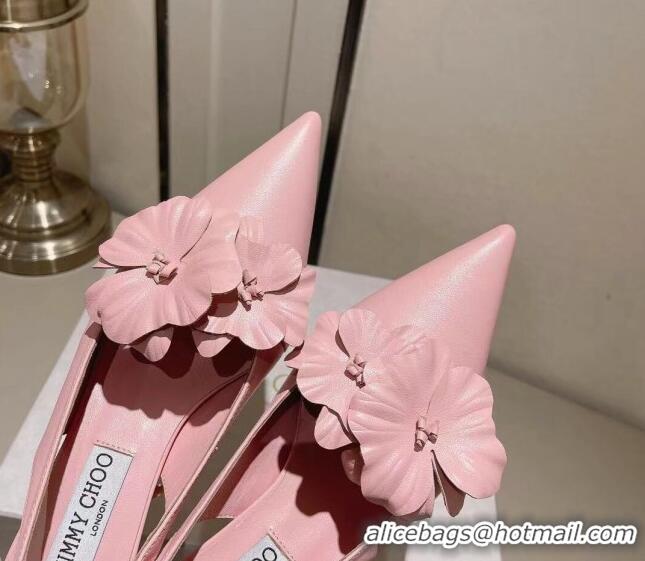 Best Grade Jimmy Choo Amita Flowers Slingback Pumps 4.5cm in Nappa Leather Light Pink 109018