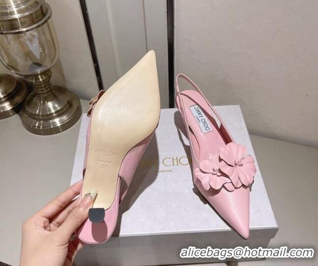 Best Grade Jimmy Choo Amita Flowers Slingback Pumps 4.5cm in Nappa Leather Light Pink 109018