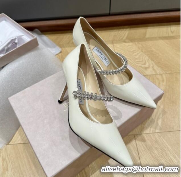 Luxury Jimmy Choo Bing Pumps 8.5cm in Patent Leather with crystals White 109022